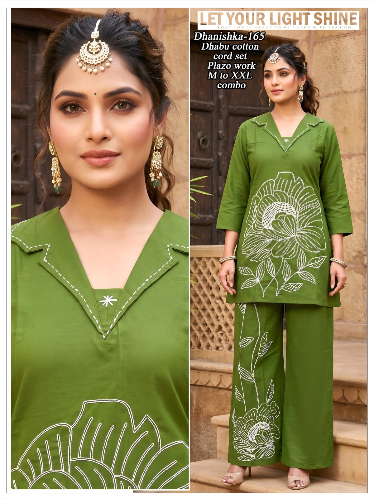 Women Olive Green Floral Line Work Dhabu Cotton Kurta Palazzo Co-Ord Set