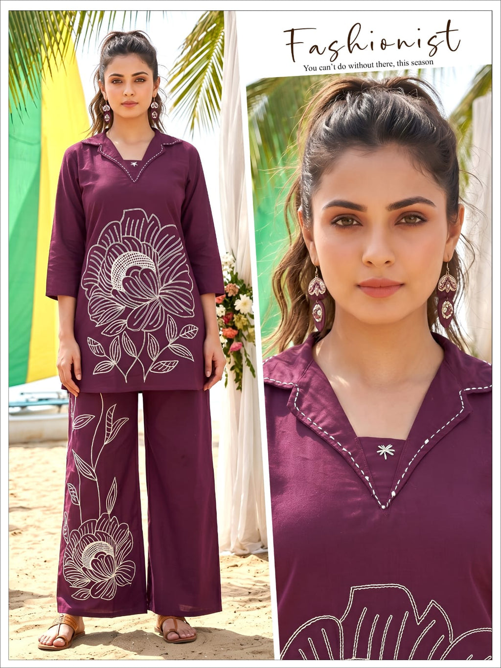 Women Olive Green Floral Line Work Dhabu Cotton Kurta Palazzo Co-Ord Set