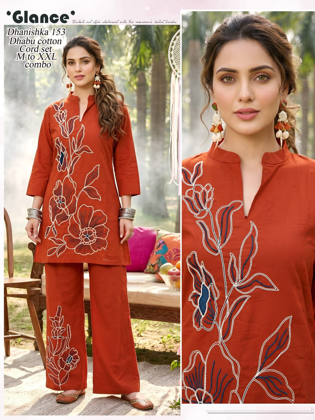 Women Olive Green Floral Line Work Dhabu Cotton Kurta Palazzo Co-Ord Set