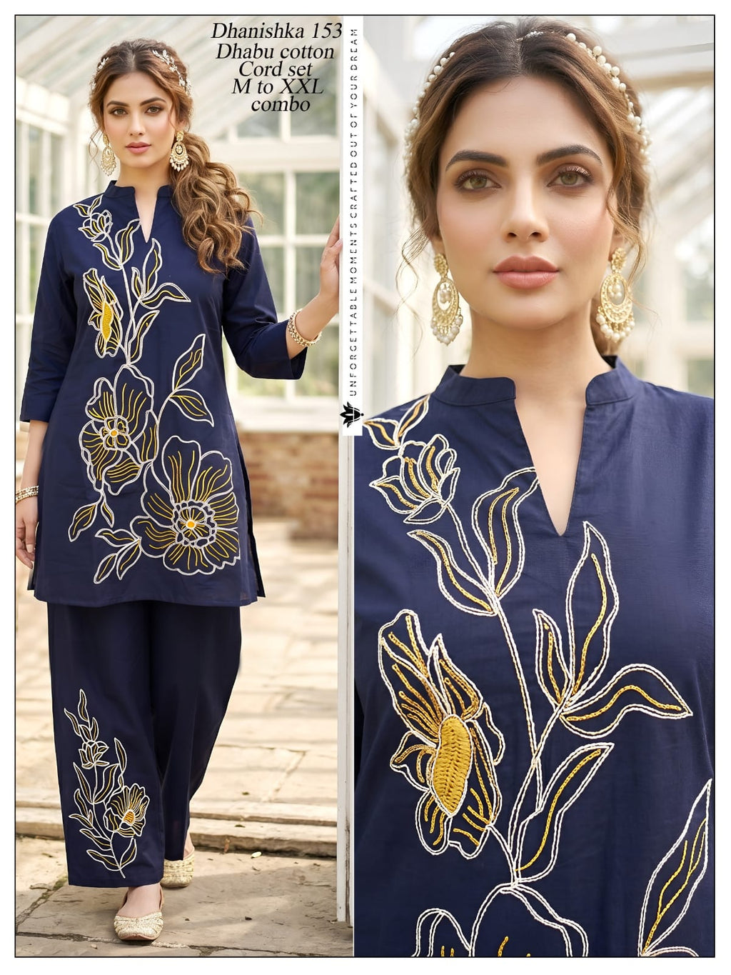 Women Olive Green Floral Line Work Dhabu Cotton Kurta Palazzo Co-Ord Set
