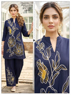 Women Olive Green Floral Line Work Dhabu Cotton Kurta Palazzo Co-Ord Set