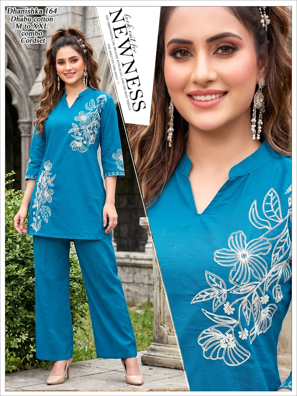 Women Blue Floral Embroidered Dhabu Cotton Kurta Palazzo Co-Ord Set