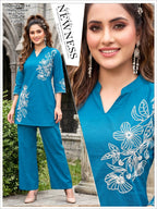 Women Blue Floral Embroidered Dhabu Cotton Kurta Palazzo Co-Ord Set