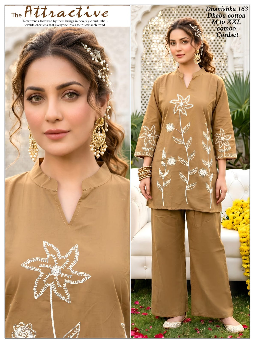 Women Blue Floral Embroidered Dhabu Cotton Kurta Palazzo Co-Ord Set