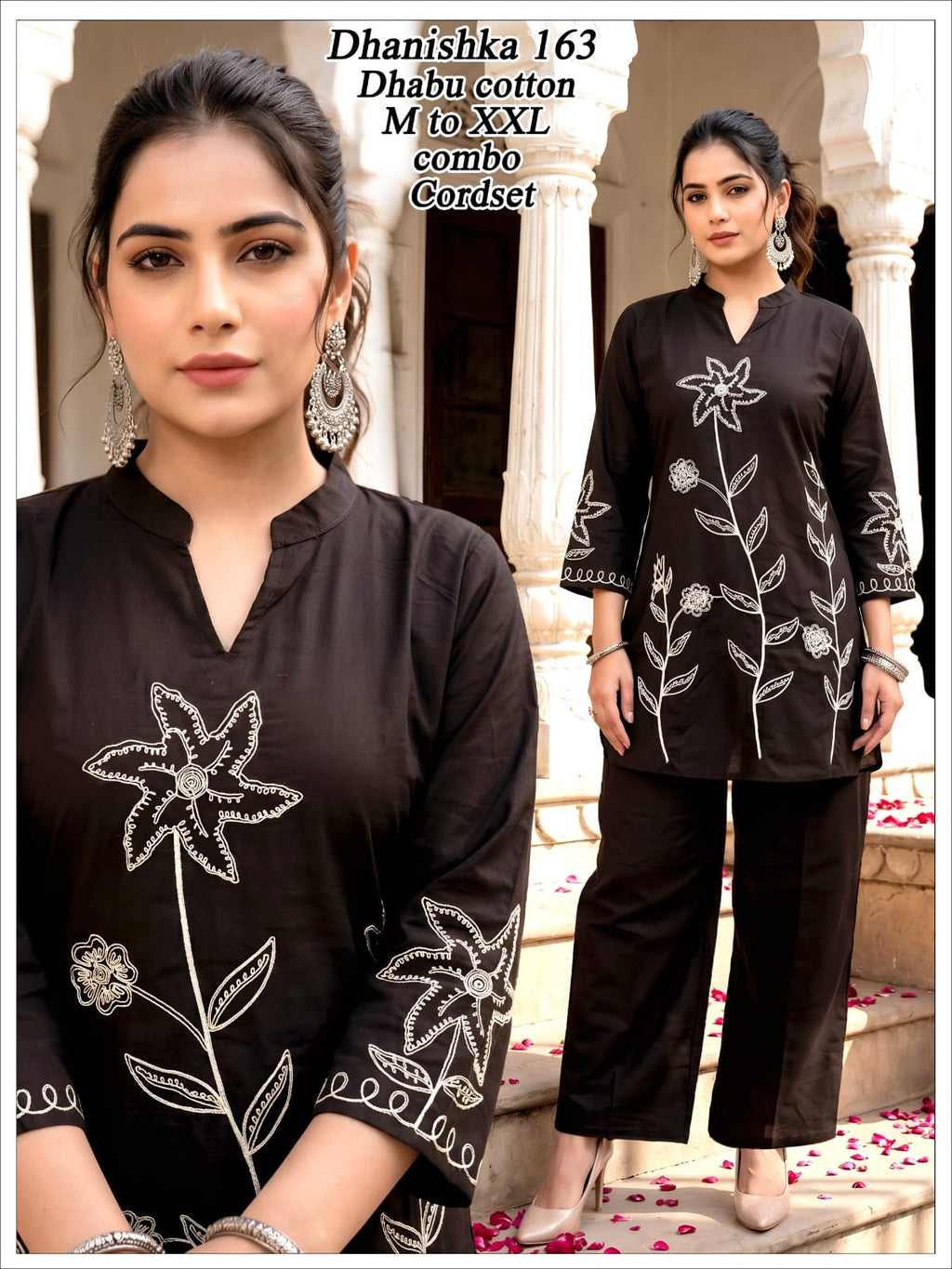 Women Blue Floral Embroidered Dhabu Cotton Kurta Palazzo Co-Ord Set