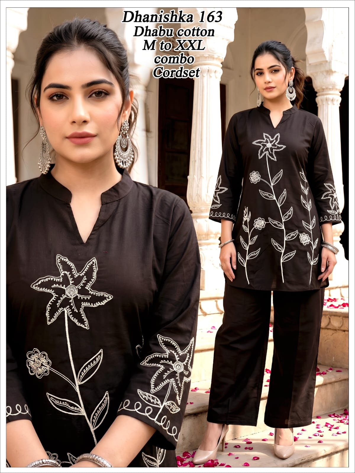 Women Blue Floral Embroidered Dhabu Cotton Kurta Palazzo Co-Ord Set