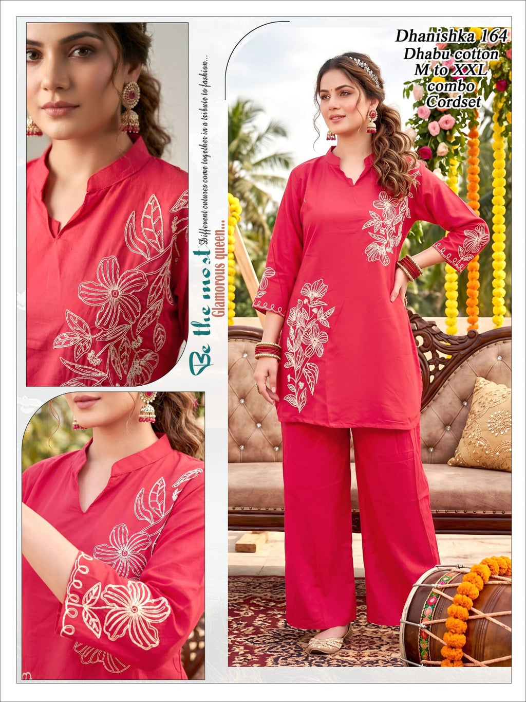 Women Blue Floral Embroidered Dhabu Cotton Kurta Palazzo Co-Ord Set