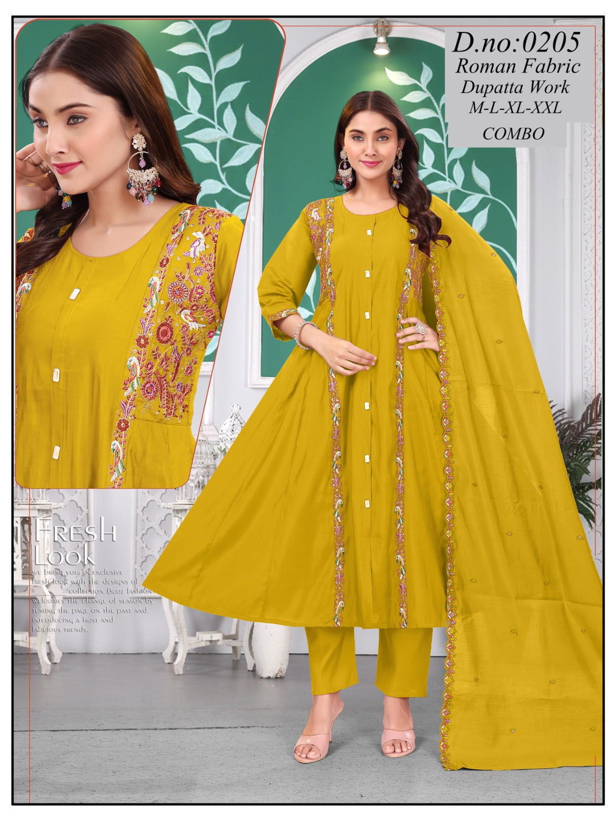 Roman Silk Heavy Coil Work Anarkali Flared Kurti Set with Plazo & Dupatta