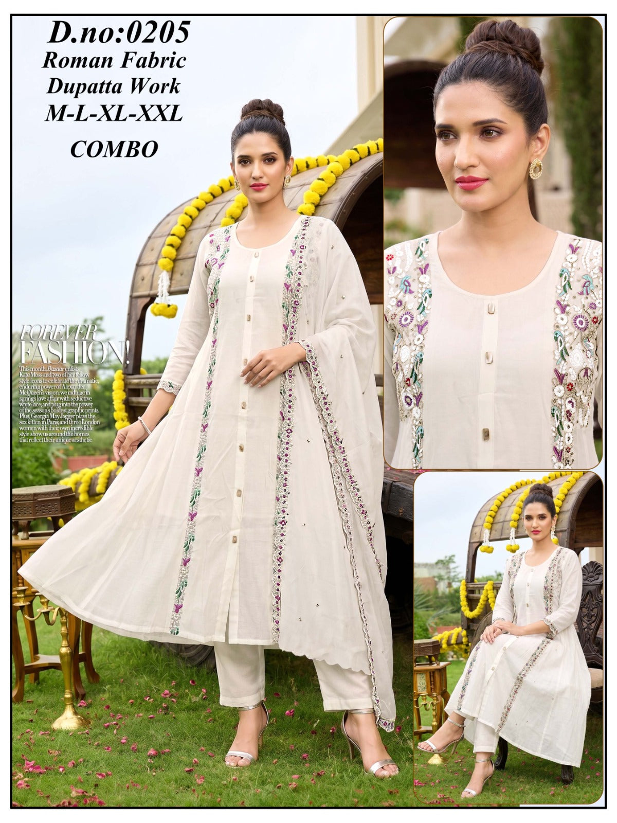 Roman Silk Heavy Coil Work Anarkali Flared Kurti Set with Plazo & Dupatta