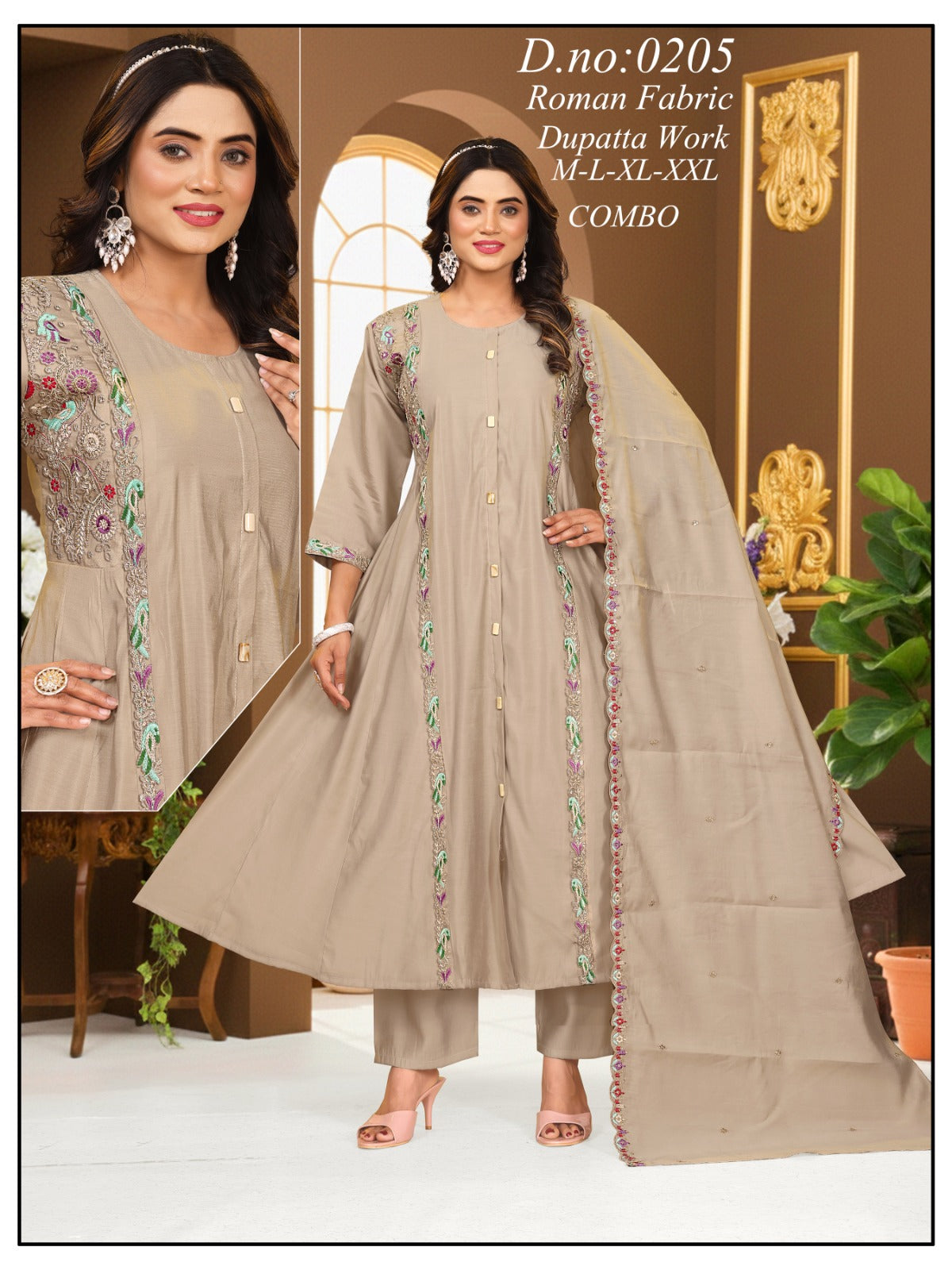Roman Silk Heavy Coil Work Anarkali Flared Kurti Set with Plazo & Dupatta