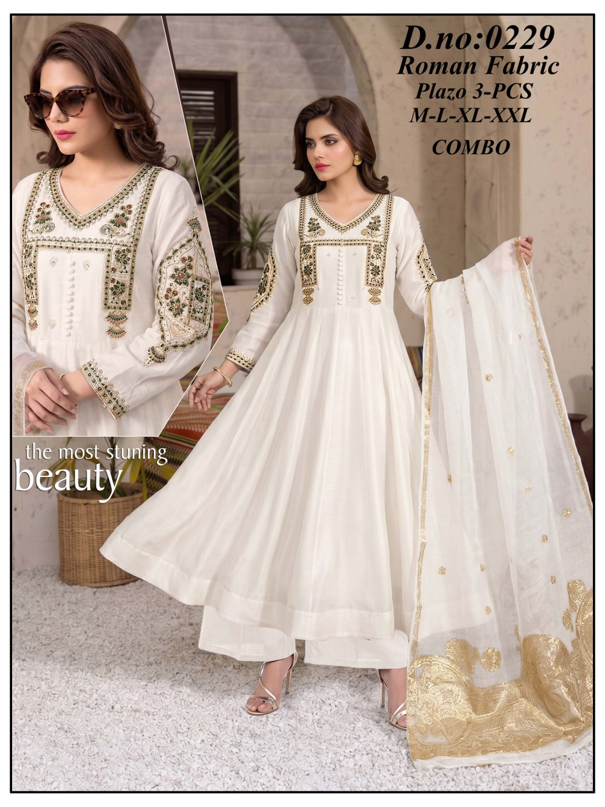 Roman Silk Embroidered Frock Style Kurti Set with Dupatta