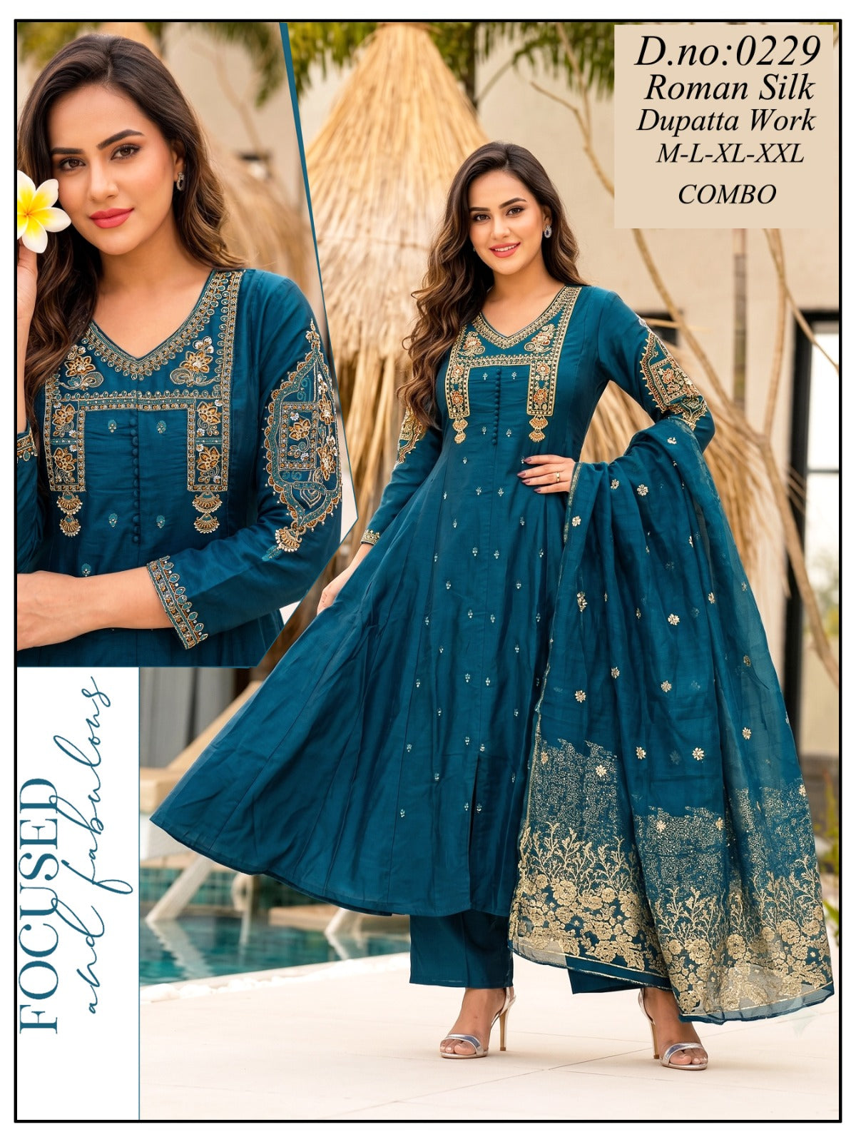 Roman Silk Embroidered Frock Style Kurti Set with Dupatta