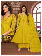 Roman Silk Embroidered Frock Plazo Suit Set with Dupatta