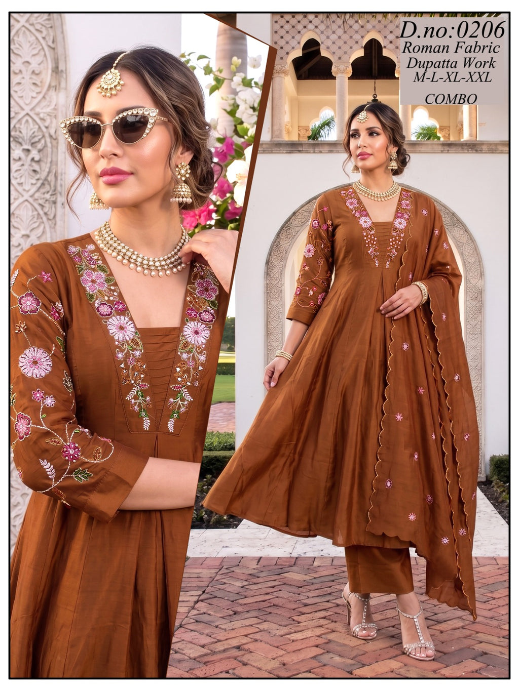 Roman Silk Embroidered Frock Plazo Suit Set with Dupatta