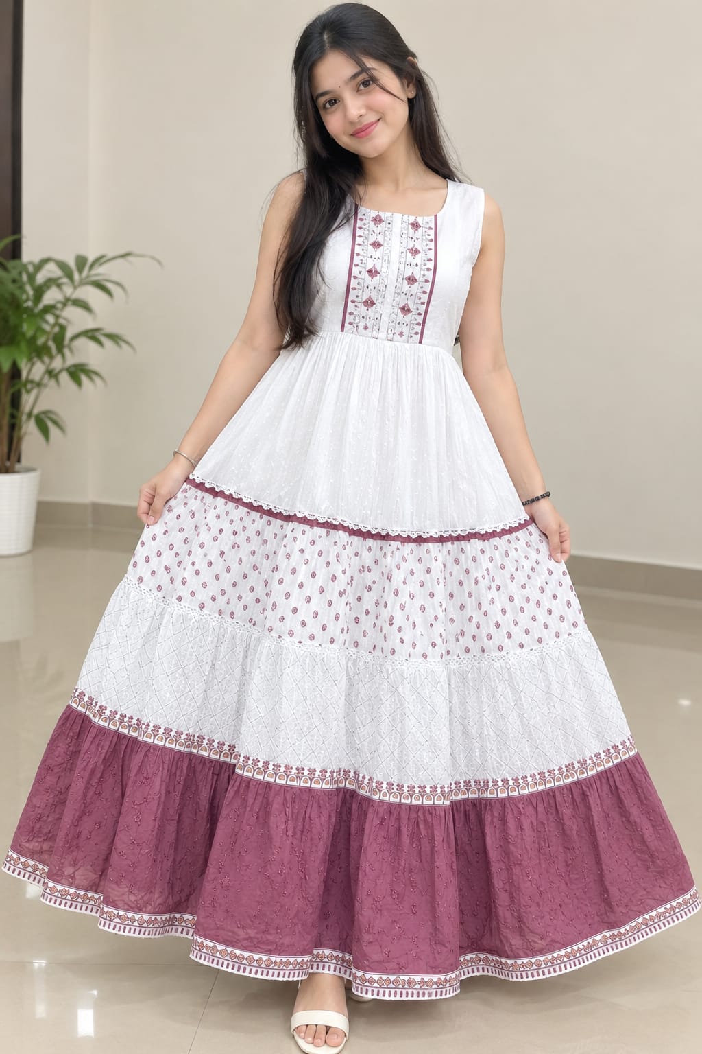 NBOF White & Wine Tiered Anarkali Frock Kurti