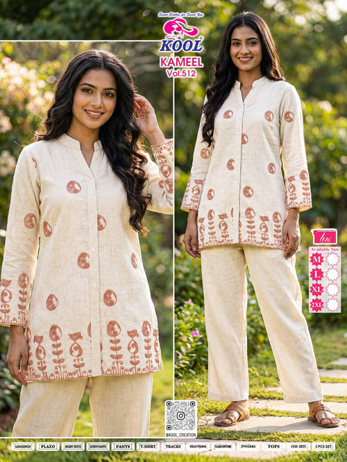 Classic Natural Beige Khadi Cotton Printed Co-Ord Set