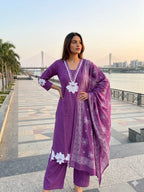Elegant Purple Embroidered Cotton Suit Set with Dupatta