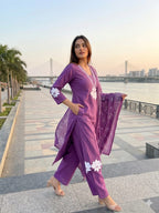 Elegant Purple Embroidered Cotton Suit Set with Dupatta