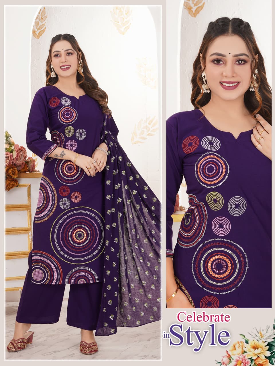 Elegant Red Dhabu Cotton Suit Set with Multi-Color Chakra Embroidery