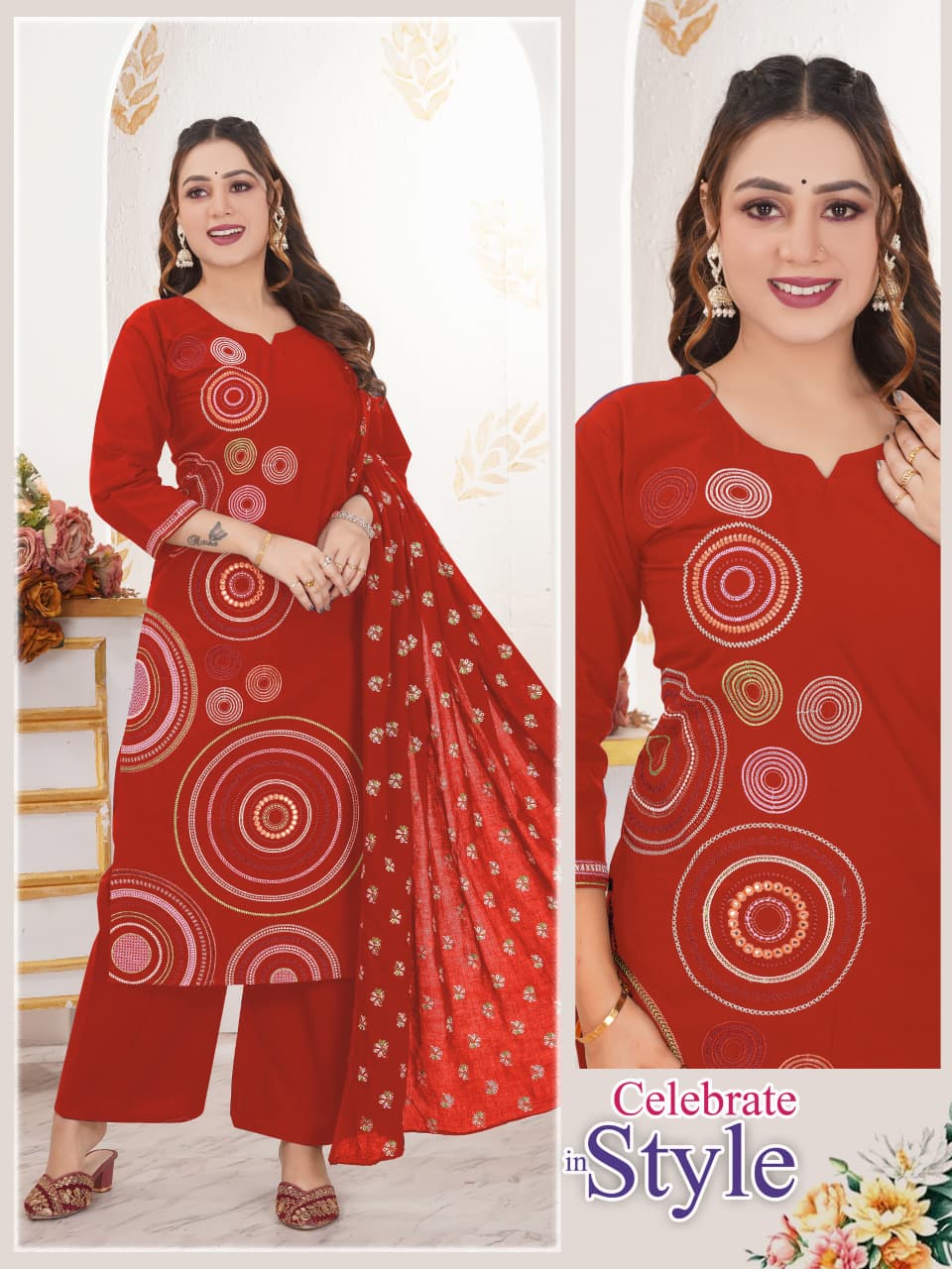 Elegant Red Dhabu Cotton Suit Set with Multi-Color Chakra Embroidery