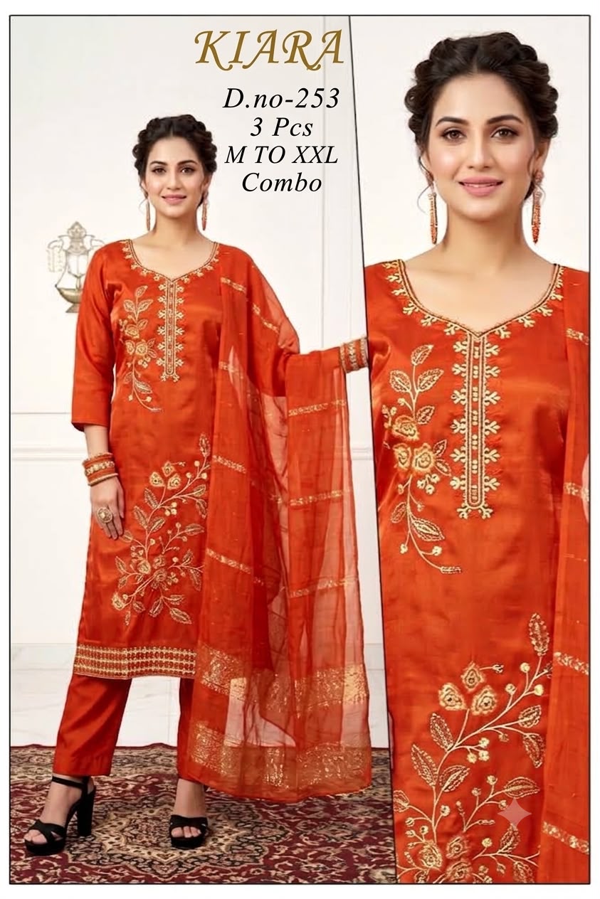 Designer Embroidered 3pc Roman Silk/Glass Kurti Set