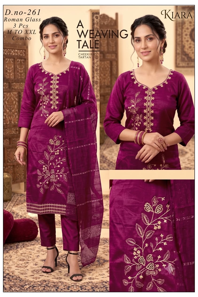 Designer Embroidered 3pc Roman Silk/Glass Kurti Set