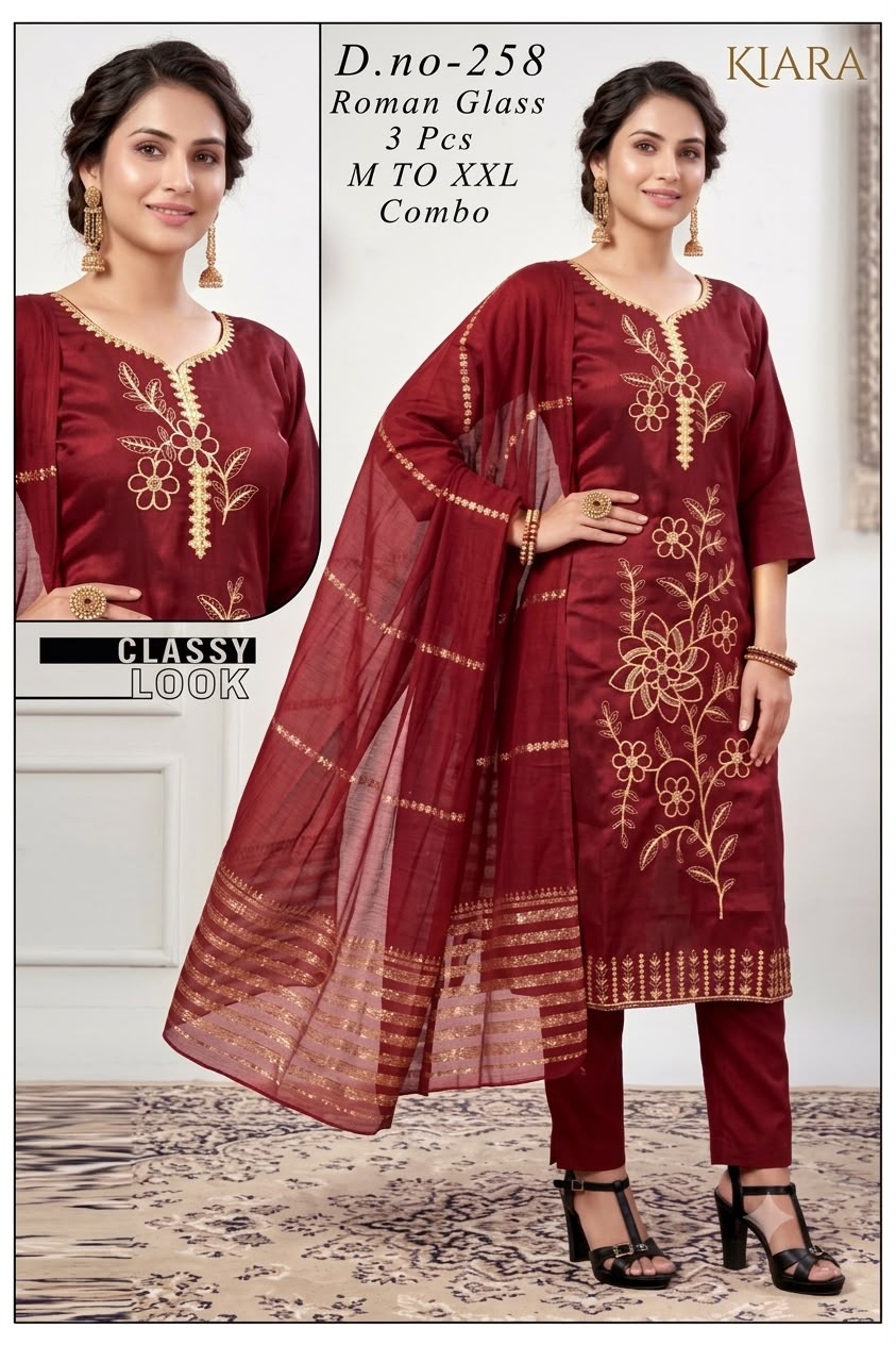 Designer Embroidered 3pc Roman Silk/Glass Kurti Set
