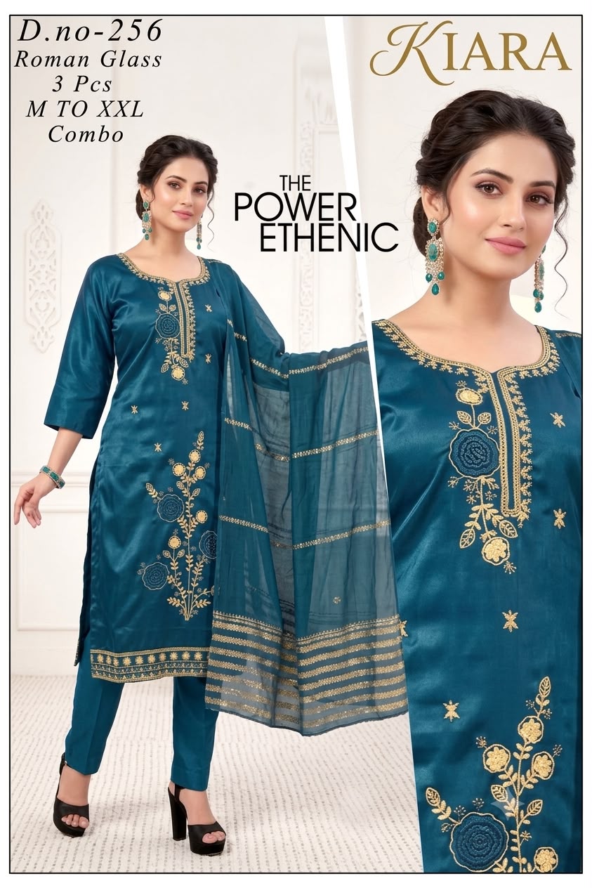 Designer Embroidered 3pc Roman Silk/Glass Kurti Set