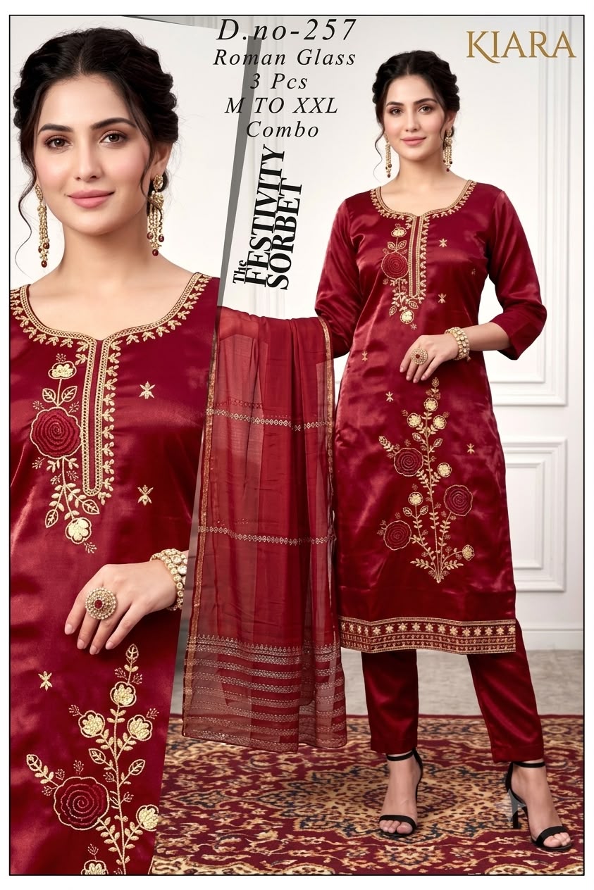 Designer Embroidered 3pc Roman Silk/Glass Kurti Set