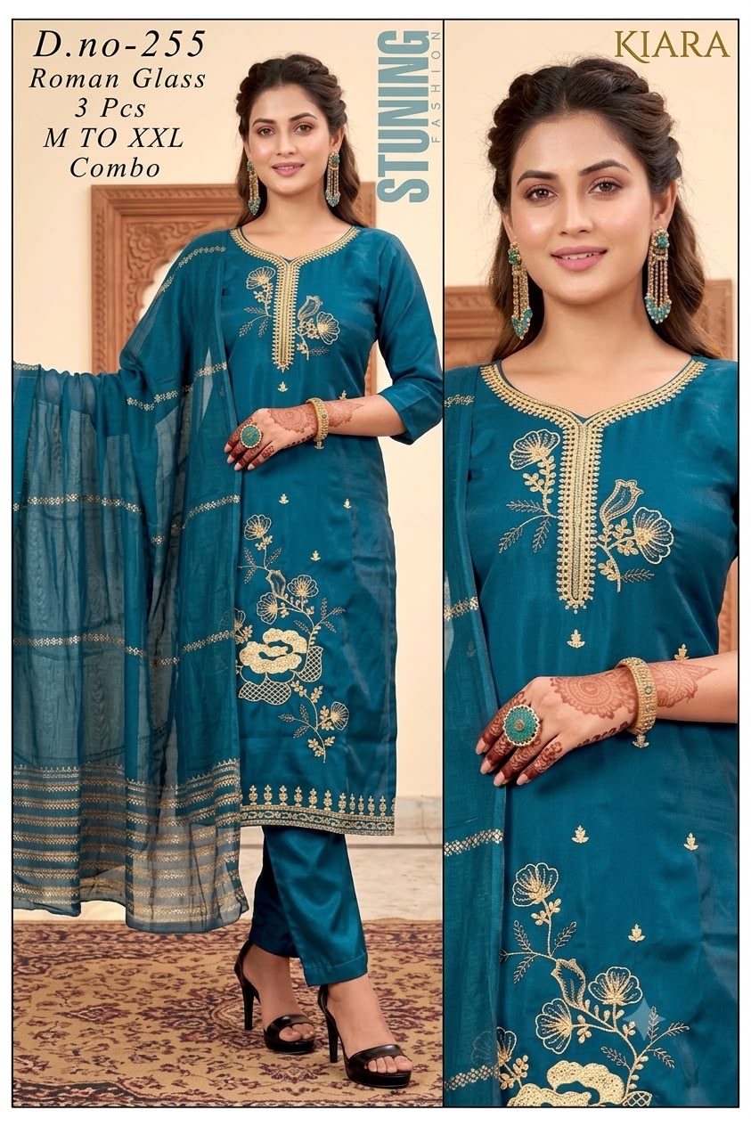 Designer Embroidered 3pc Roman Silk/Glass Kurti Set