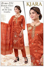 Designer Embroidered 3pc Roman Silk/Glass Kurti Set