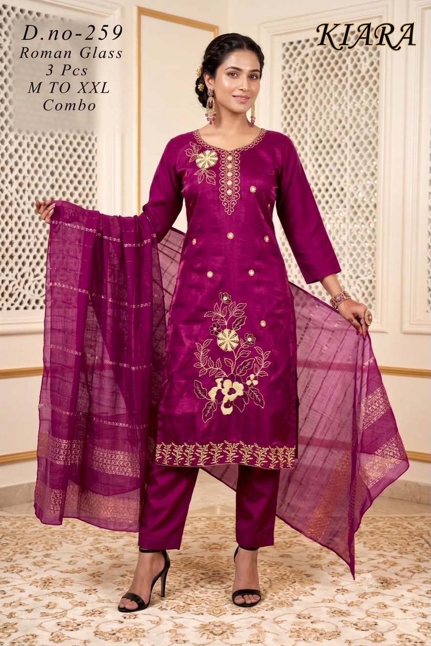 Designer Embroidered 3pc Roman Silk/Glass Kurti Set