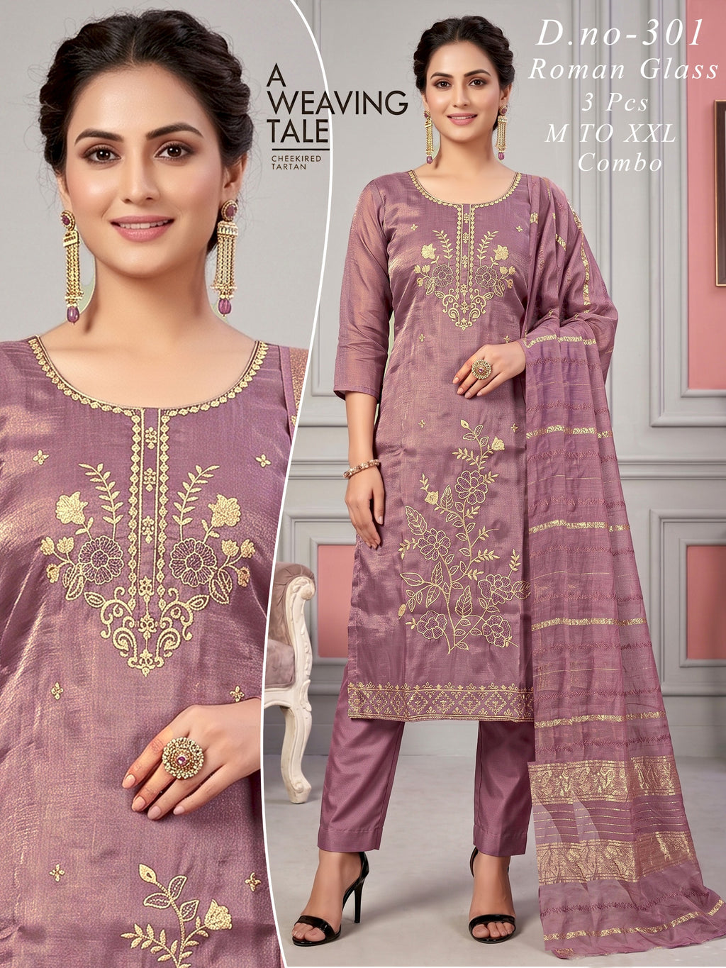 Elegant  Embroidered Roman Glass 3pc Suit Set