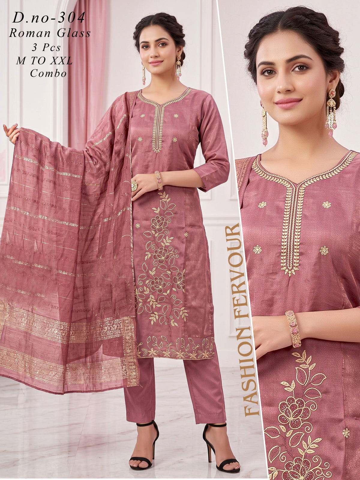 Elegant  Embroidered Roman Glass 3pc Suit Set