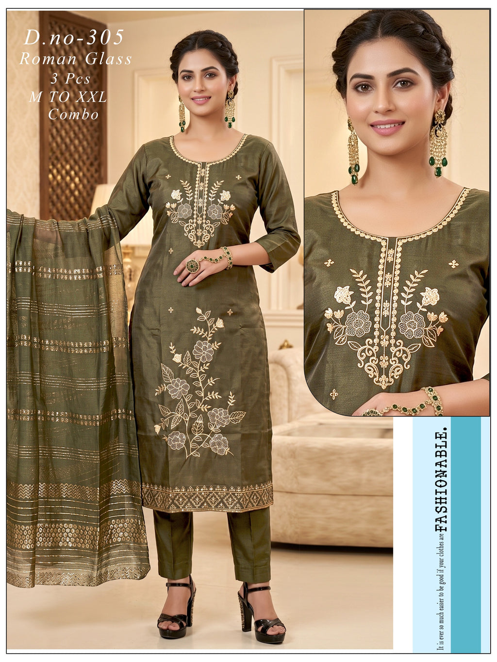 Elegant  Embroidered Roman Glass 3pc Suit Set