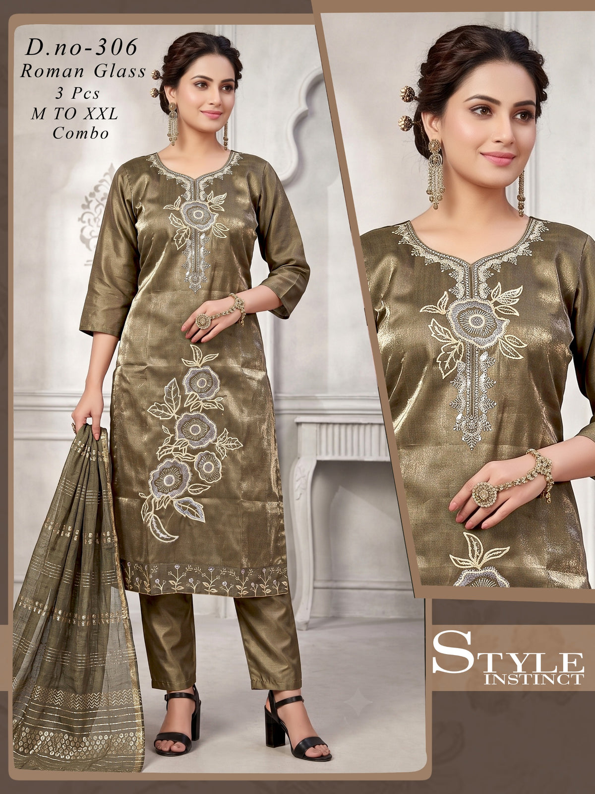 Elegant  Embroidered Roman Glass 3pc Suit Set