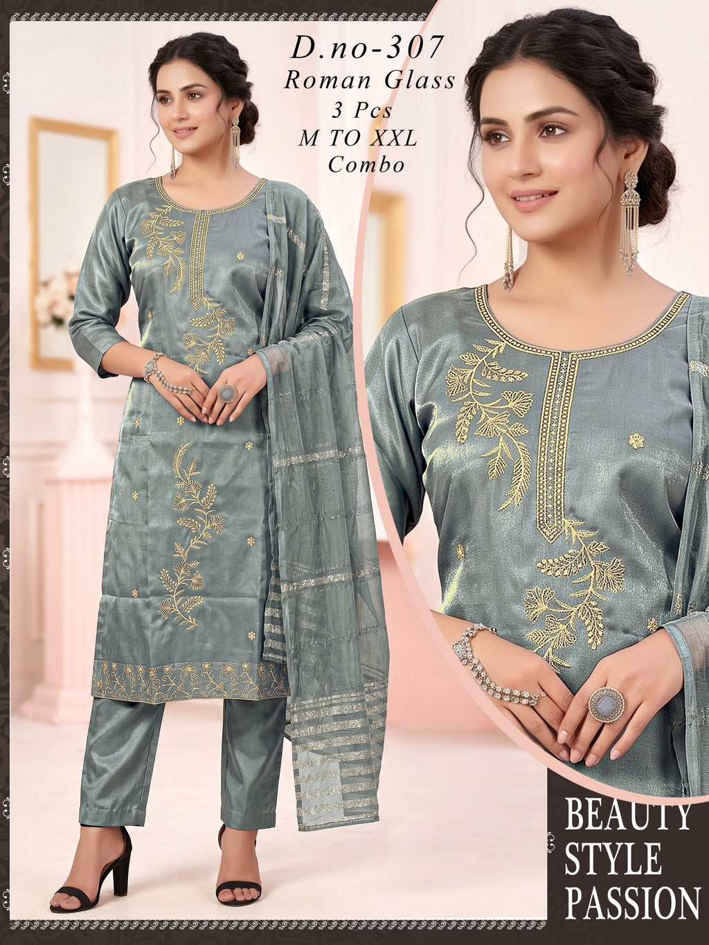 Elegant  Embroidered Roman Glass 3pc Suit Set