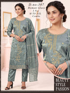 Elegant  Embroidered Roman Glass 3pc Suit Set