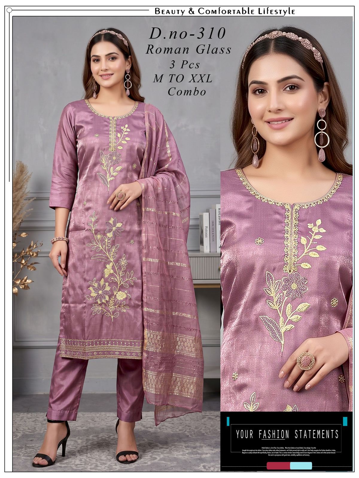 Elegant  Embroidered Roman Glass 3pc Suit Set