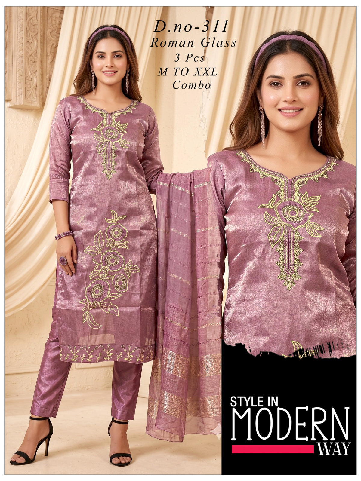 Elegant  Embroidered Roman Glass 3pc Suit Set