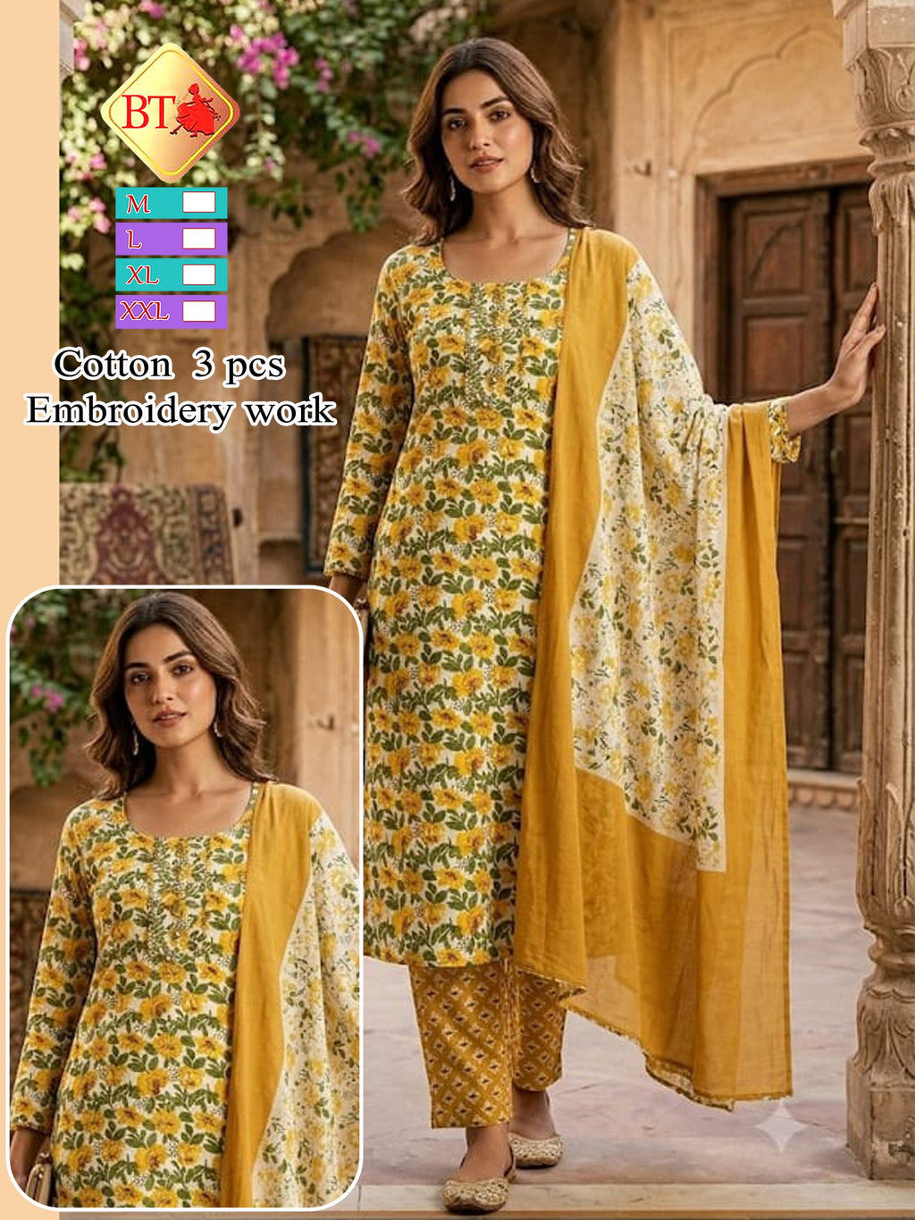 BT Branded Rayon Floral Print 3pc Suit Set with Handwork