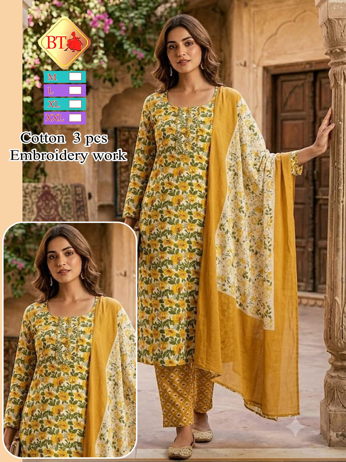 BT Branded Rayon Floral Print 3pc Suit Set with Handwork