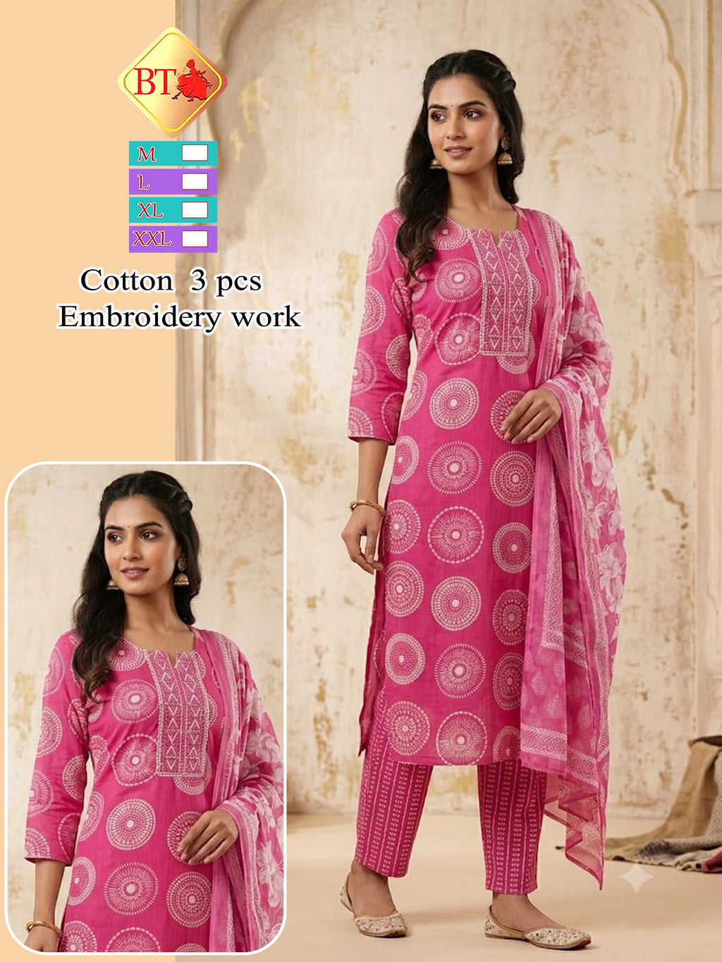 BT Branded Rayon Floral Print 3pc Suit Set with Handwork