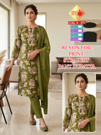 BT Branded Rayon Floral Print 3pc Suit Set with Handwork