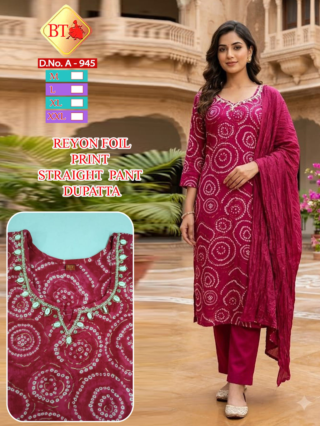BT Branded Rayon Floral Print 3pc Suit Set with Handwork