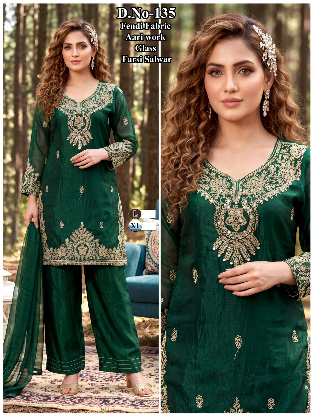 Elegant Green Aari Work Glass Roman Suit Set with Farsi Salwar