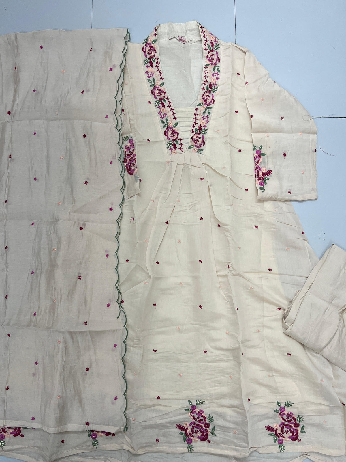 Premium Off-White Embroidered Roman Silk 3pc Suit Set