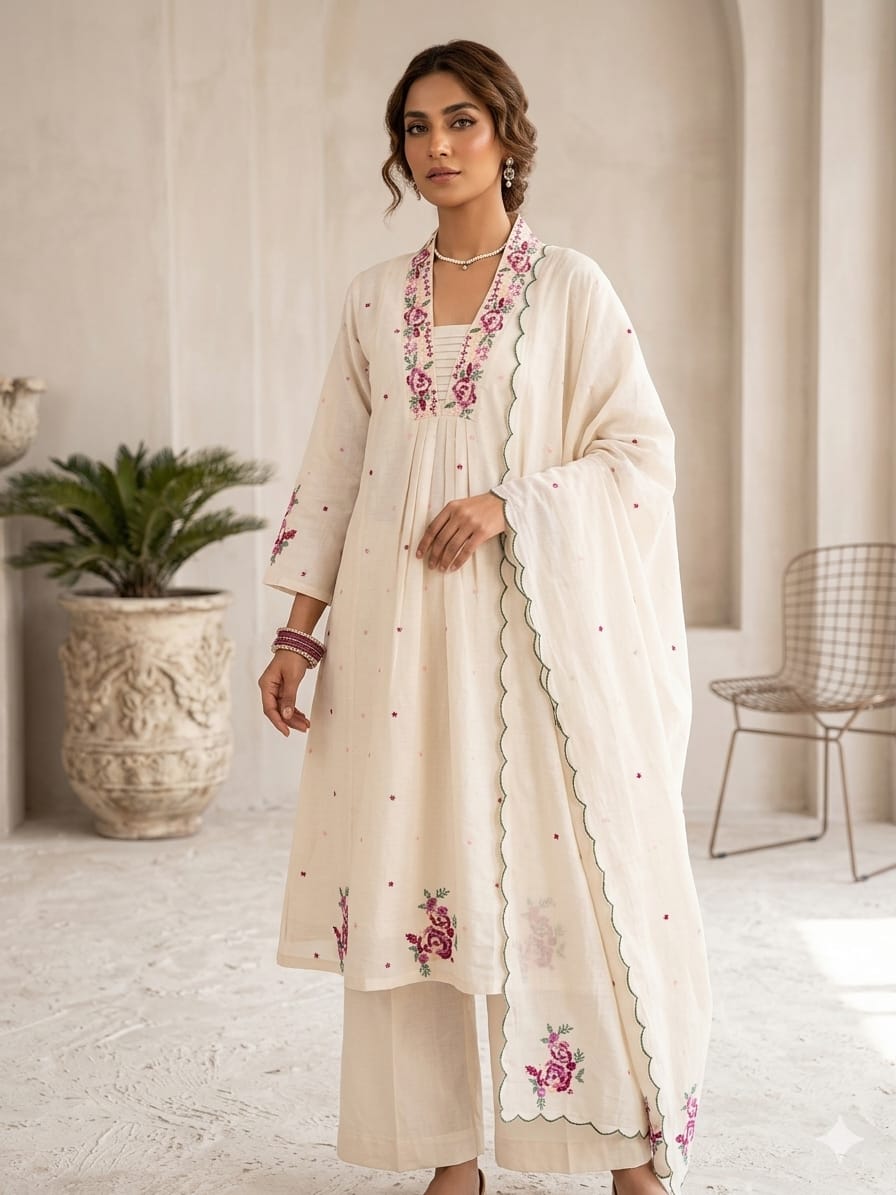 Premium Off-White Embroidered Roman Silk 3pc Suit Set