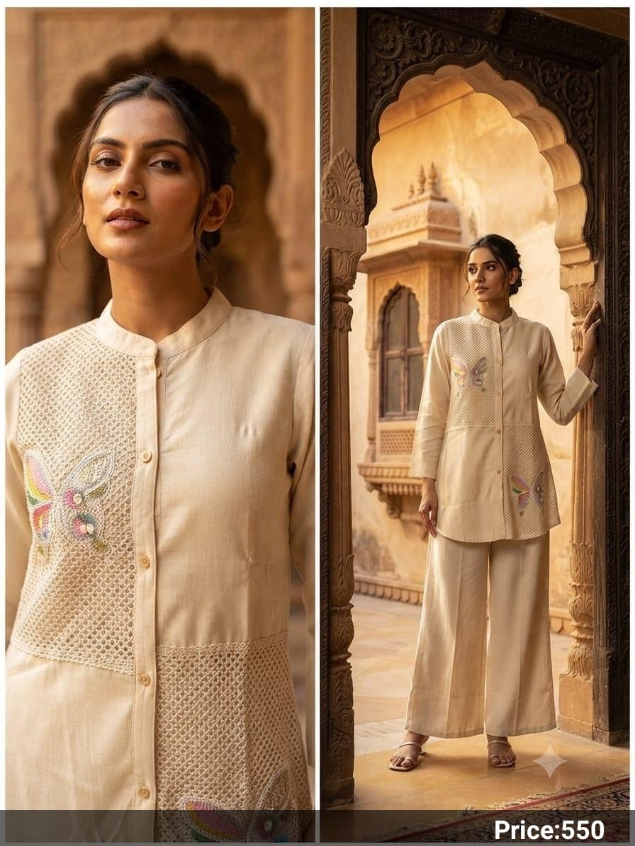 Multicolor Floral Appliqué Embossed Vatican Fabric Co-Ord Set