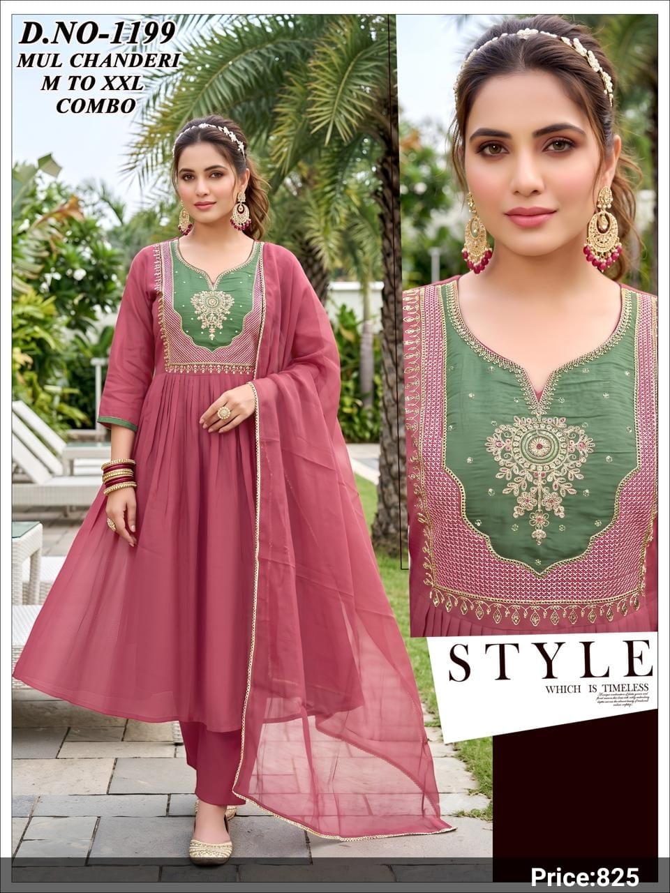 Dusty Rose & Sage Green Embroidered Mul Chanderi Anarkali Suit Set